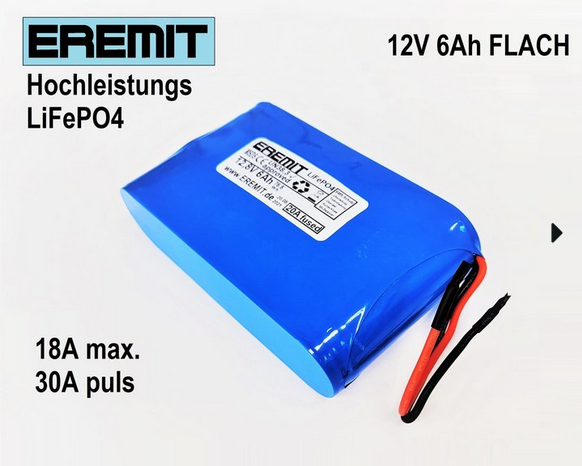 EREMIT 12V 6Ah F1x4 LiFePo4 Akku flach mit BMS JST-XH 2.5mm Stecker