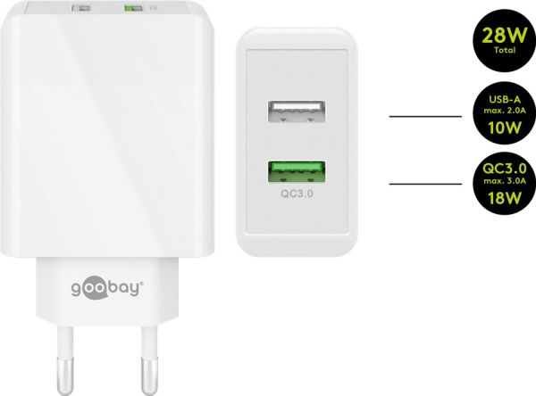 Dual USB Schnellladegerät USB - QC3.0, 28Watt